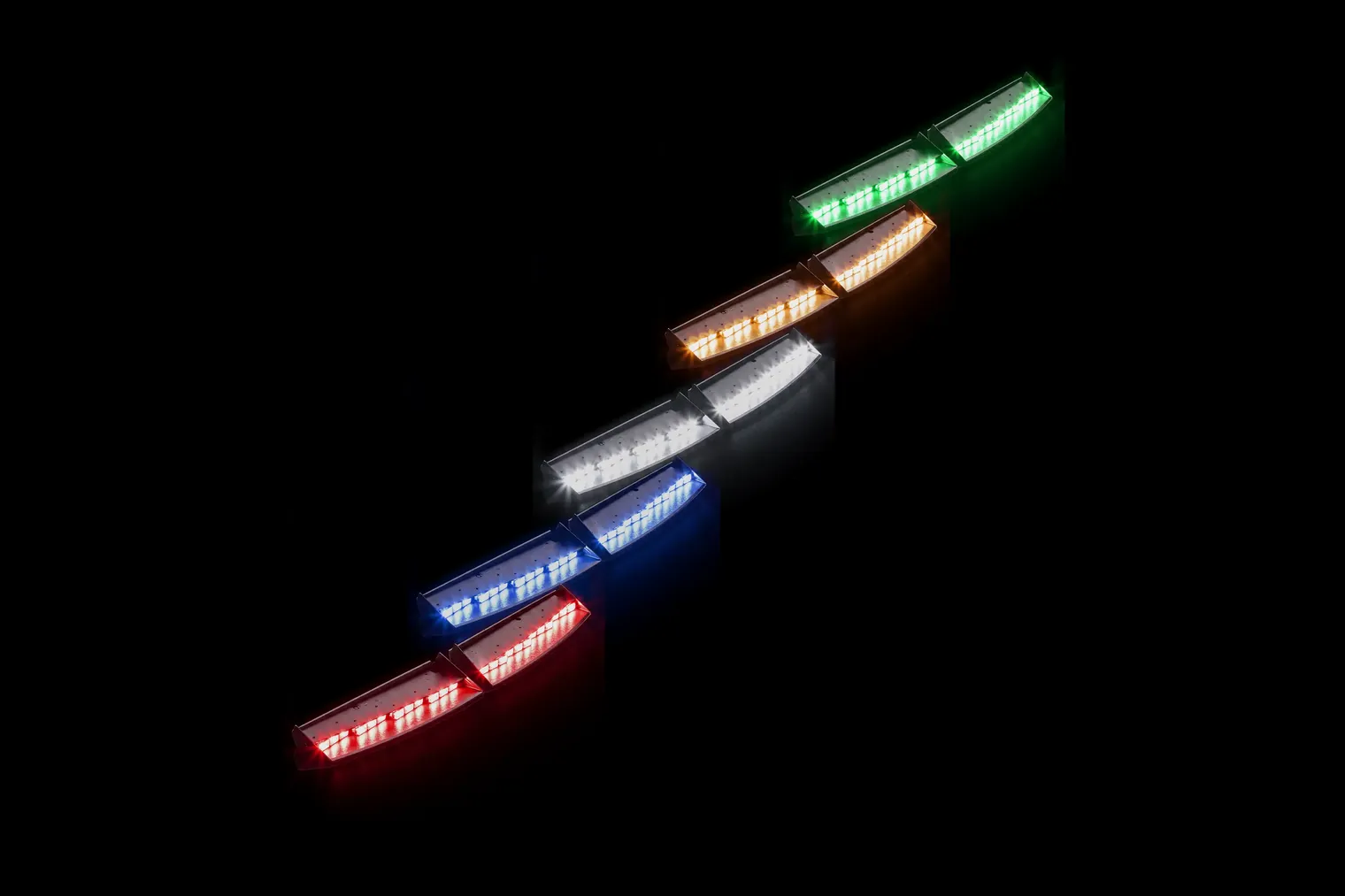 Five Feniex Fusion Interior lightbars, lit red, blue, white, amber and green