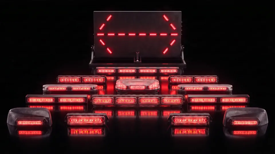 The Quantum family gliding on black, lamps changing colour slowly