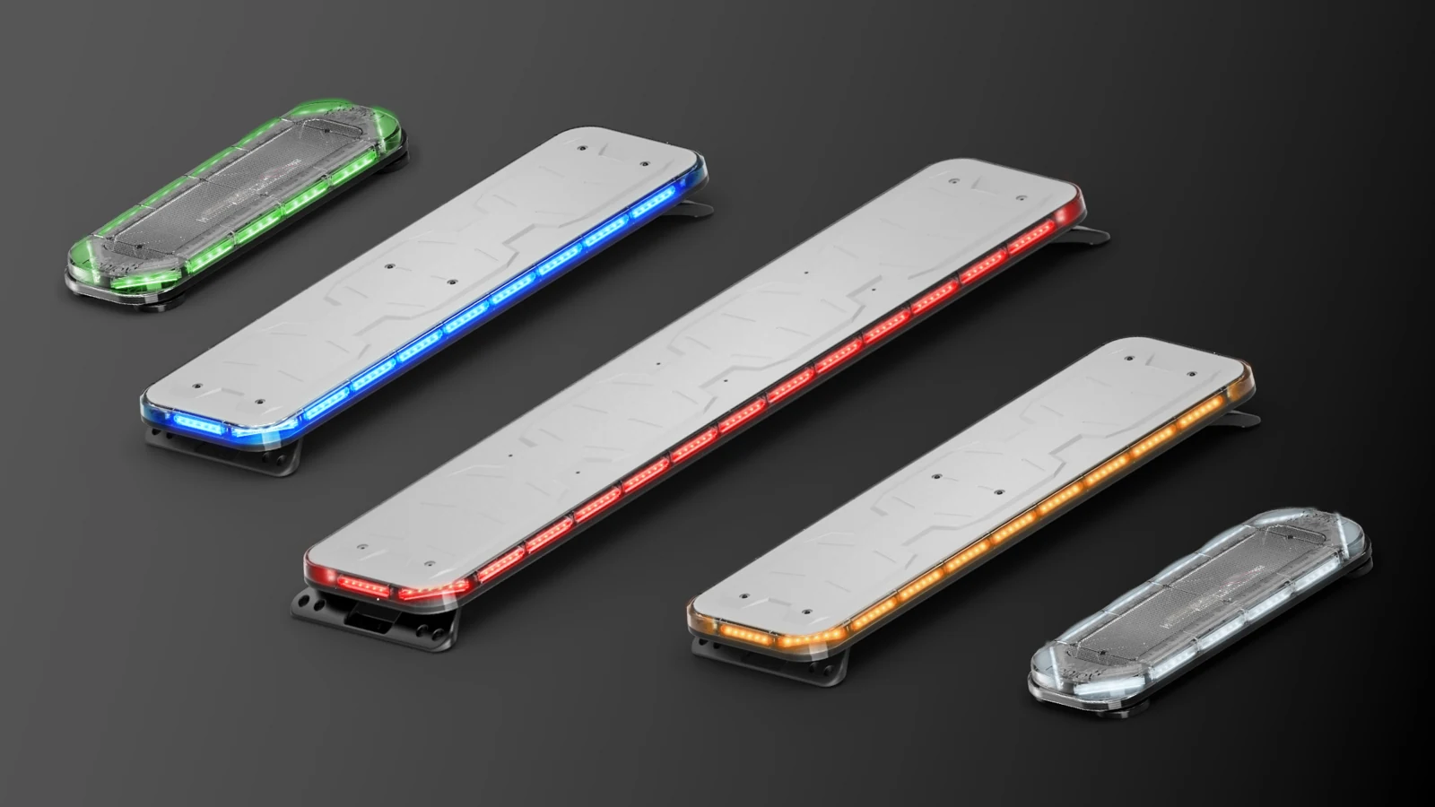 Five Feniex Quantum 2.0 lightbars, each lit a different color: green, blue, red, amber and white