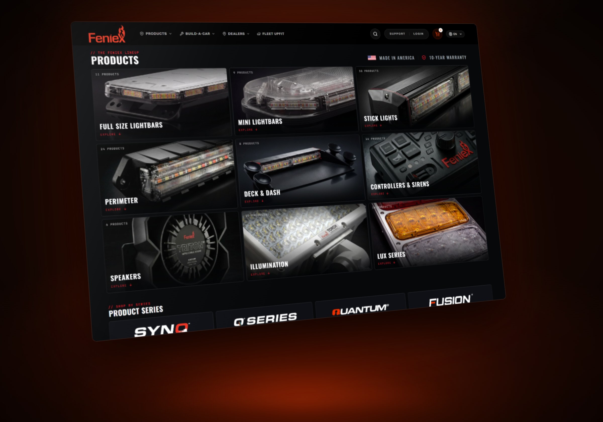 The Feniex products page on a glowing screen