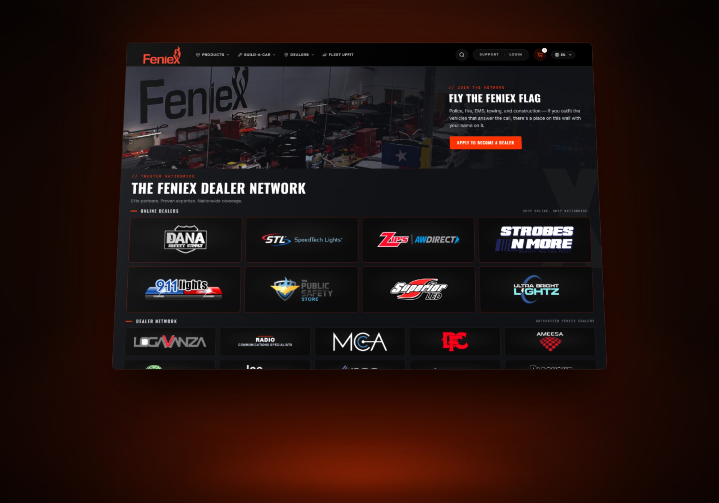 The Feniex dealer network page on a glowing screen