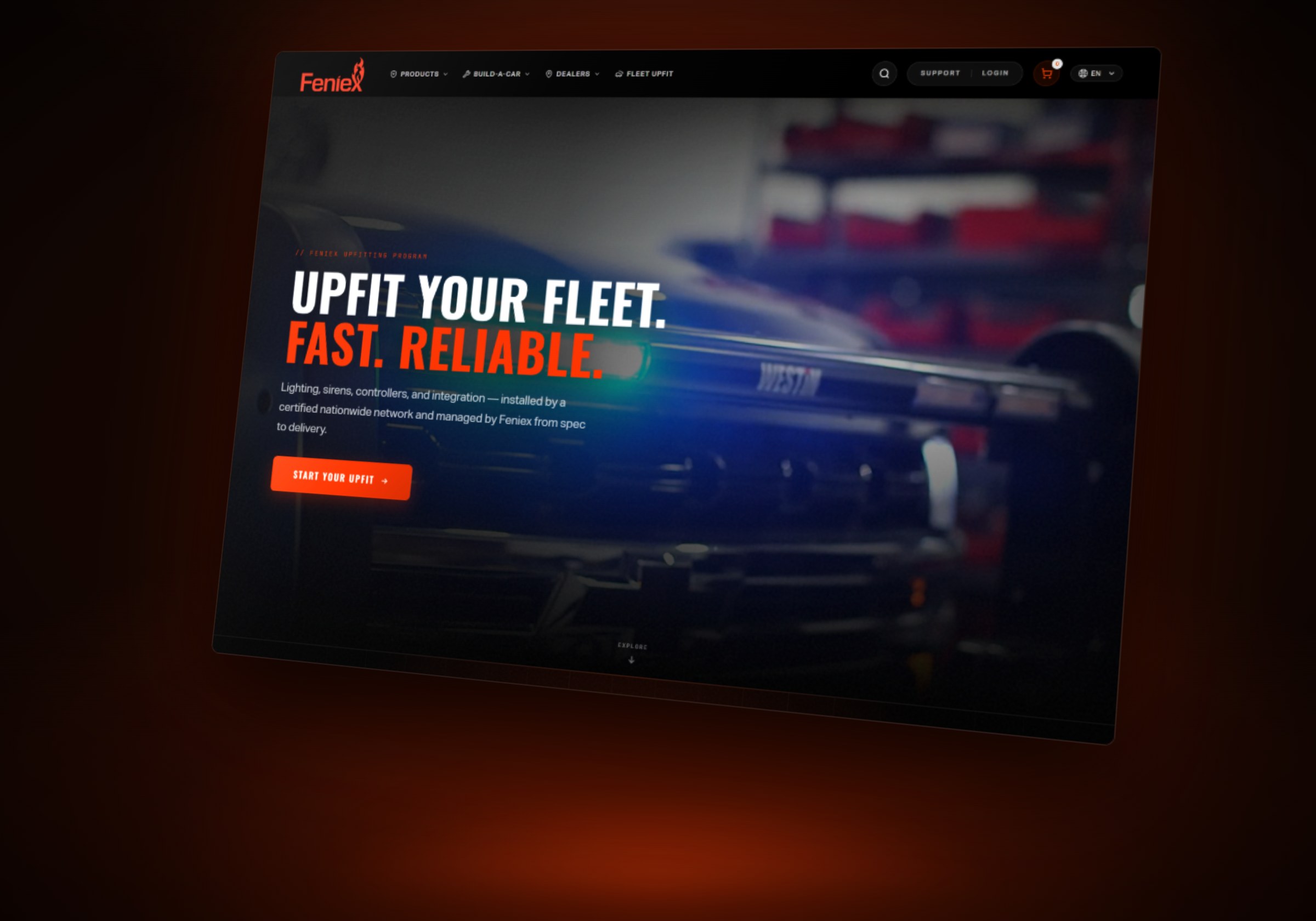 The Feniex fleet upfit page on a glowing screen