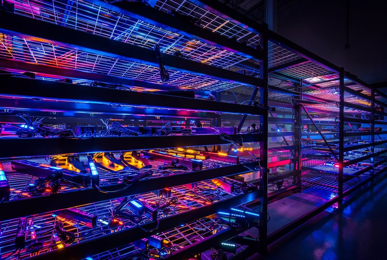 A long burn-in rack of Feniex lightbars under test, every unit powered, the room around them dark.