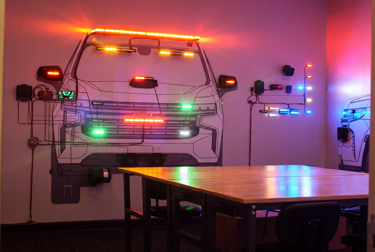The Feniex demo room, a full-size truck outline on the wall fitted with powered lightbars, grille and mirror lights, a work table in front.
